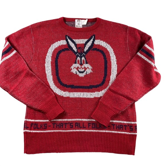 VintageAlfie California Bugs Bunny Cartoon Sweater Red‎ Blue White WARNERS BRO